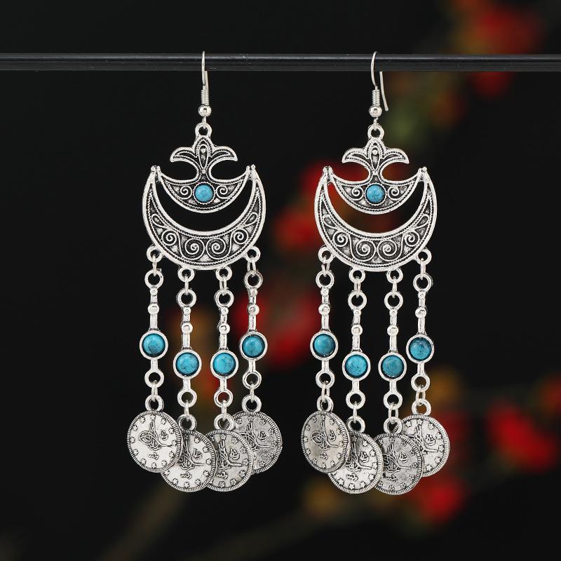 Retro Exotic Ancient Silver Coins Tassel Earrings Women's Long Personalized Earrings Niche Earrings