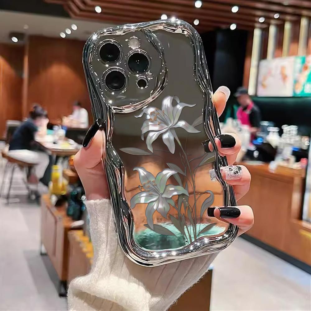 Electroplated silver lily for iPhone17PROMAX mobile phone case silver three-dimensional wave flower apple 16 soft case