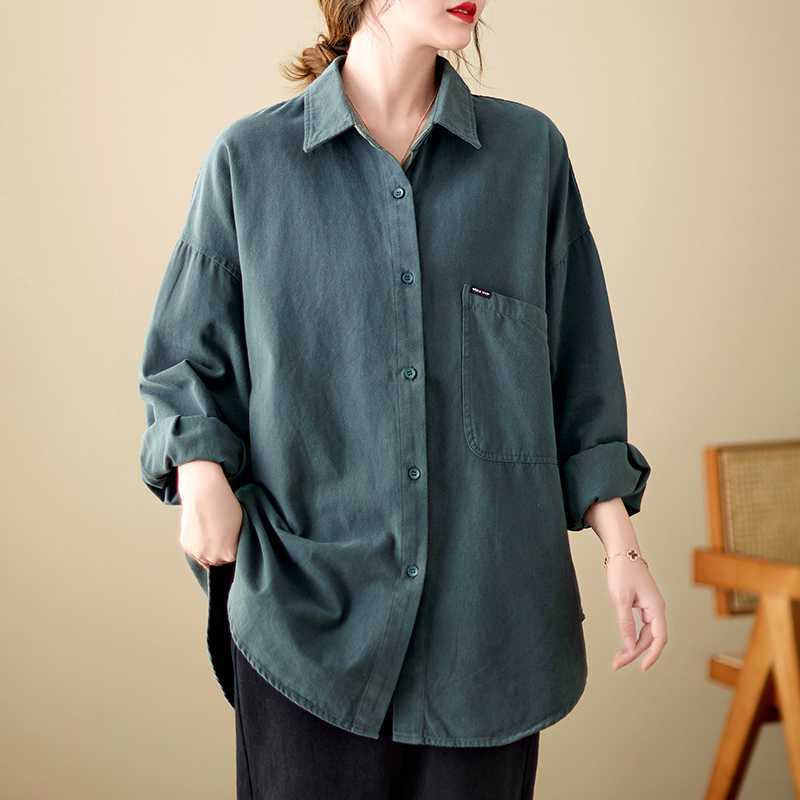 Schwarzes lockeres Hemd Damen Frühling Damenjacke Baumwolle und Leinen Oberteil Casual