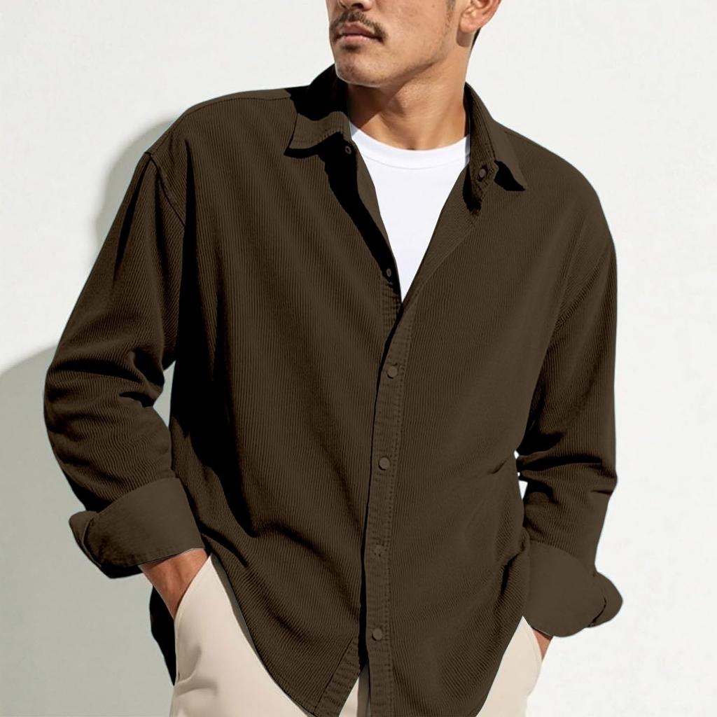 Men's Casual -color Lightweight Breathable Corduroy Button-down Shirt - Men's Stylish Loose-fitting Long-sleeved Shirt
