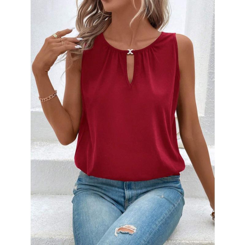 Nuova camicetta estiva ampia senza maniche con scollo rotondo da donna, camicia casual da ufficio alla moda, canotta a tinta unita, elegante, sexy, semplice, con intagli, top e canotta.