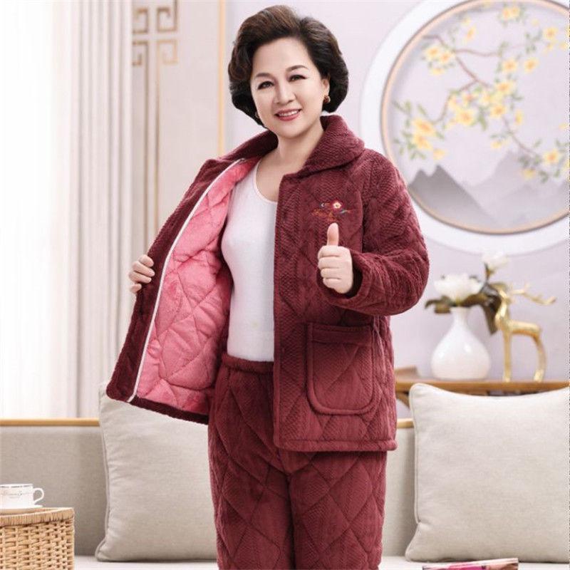 Three-Layer Fleece-Lined Quilted Winter Pajama Set for Elderly Women - Warm Coral Fleece Home Wear & Outerwear