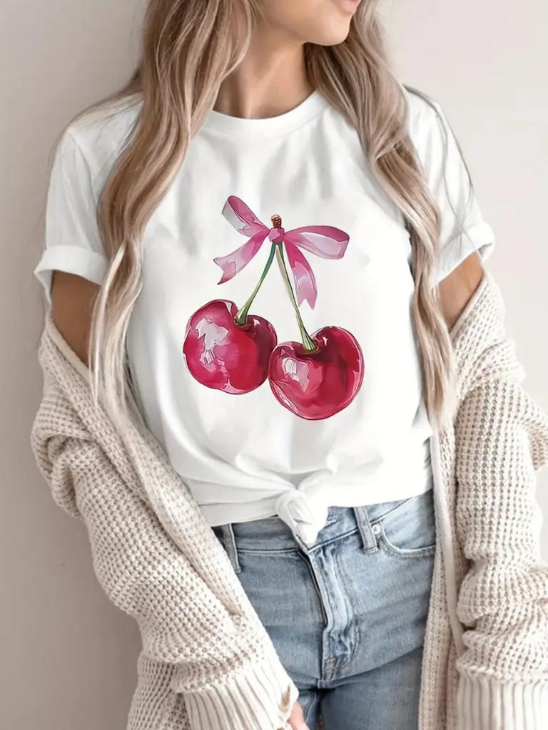 Cherry Print Womens Tshirt Women Loose Comfortable Tee Red Cherries Graphic Daily Streetwear Fashion Soft Top T Shirt