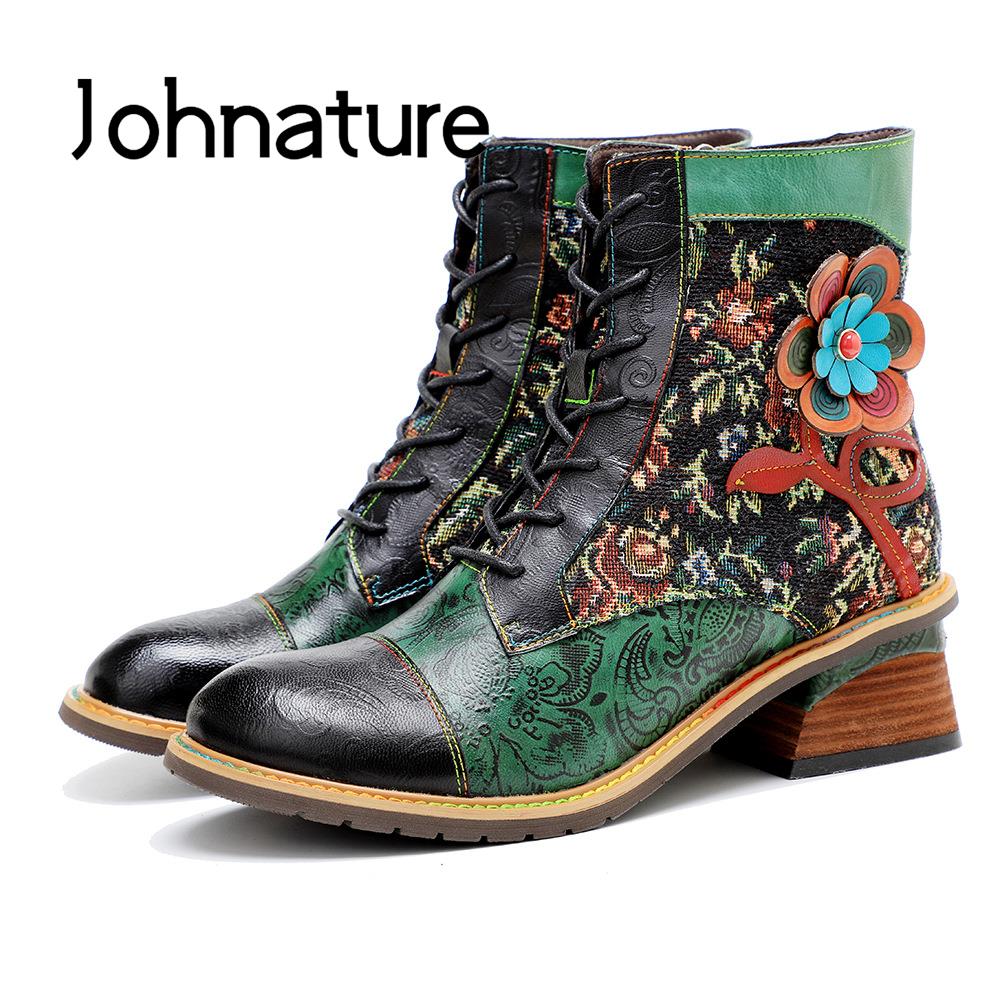 Johnature Plateaustiefel aus echtem Leder, Schnür-Damenschuhe, Blumenmuster, runde Zehen, Nähen, Prägung, Stiefeletten