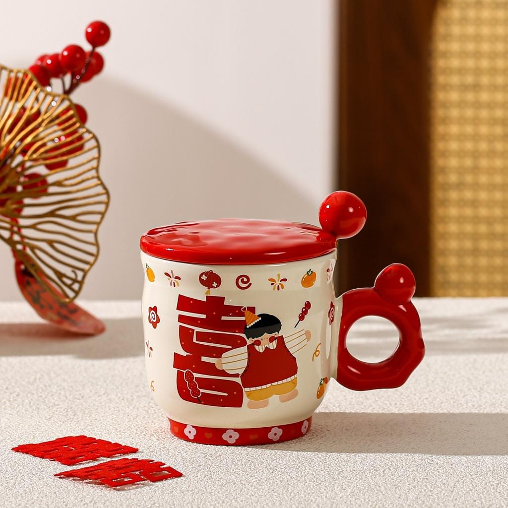 Wedding Gift Souvenir Mug Couple Pair Cup with Lid Spoon Ceramic Cup Set Gift Box Small Gift Water Cup