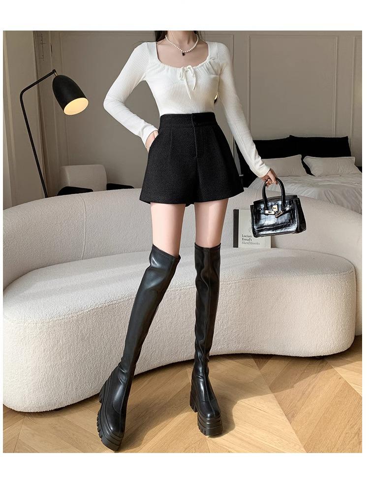 Dámské vlněné šortky s vysokým pasem ve střihu A - Korejský styl, volný střih, ideální na jaro/podzim