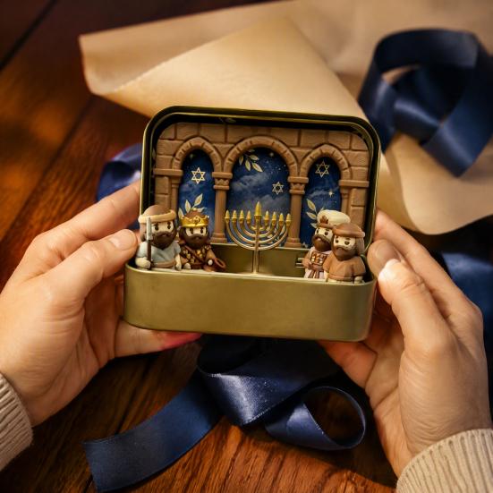 Miniature Scene Decor Hanukkah Diorama Box, 3D Printed Pocket Figurine Set with Starry Sky Pattern Storage Case, Menorah Micro Tabletop Decor, Jewish