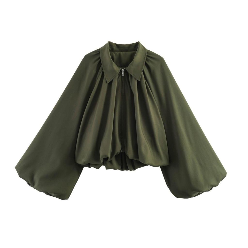 Women's Balloon Sleeve Zip Front Cropped Bomber Jacket with Turn Down Collar and Pleated Hem for Casual and Streetwear