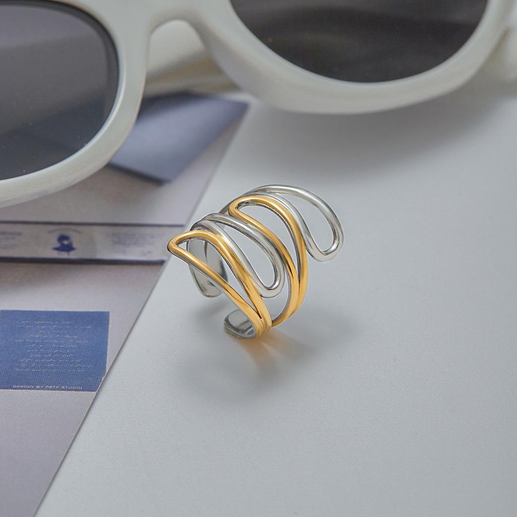 Uworld Minimalist Two tone Multi layer Hollow Line Ring Stainless Steel Geometric Stackable Ring Women's Jewelry Party Gift