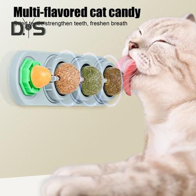 4Pcs Catnip Licking Balls Rotatable Wall Cat Edible Ball Toy with Natural Catnip Silvervine Safe Healthy Kitten Teeth Cleaning Dental Toy for Indoor