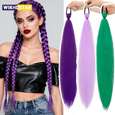 26 Zoll Synthetischer Langer Gerader Pferdeschwanz mit Elastischem Haar Bunter geflochtener Pferdeschwanz Haarverlängerungen Haarschmuck für Frauen