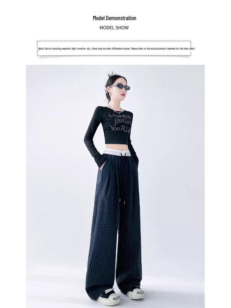 Damen High Waist Color Block Karomuster Weitbeinige Hosen für Frühling/Herbst - Lockere Passform, Kundenspezifische Länge, Gerades Bein, Casual-Stil