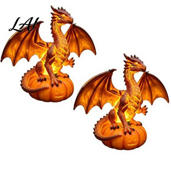 Halloween Dragon Night Light Solar Garden Light Resin Gothic Pumpkin Unique Gift for Lovers Statue Medieval Fantasy Ornament Patio Yard and