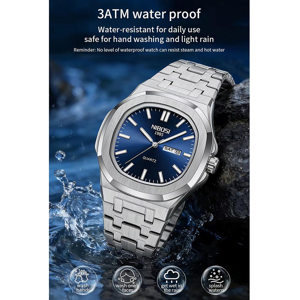 Waterproof Mens Square Quartz Watch Luminous Day Date Display Steel Strap Classic Casual Daily Wristwatch