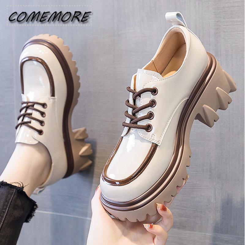 British Style Chunky Platform Pumps Casual Women's  Autumn Lace Up Thick Heels Loafers Woman Round Toe Patent Leather Shoes
