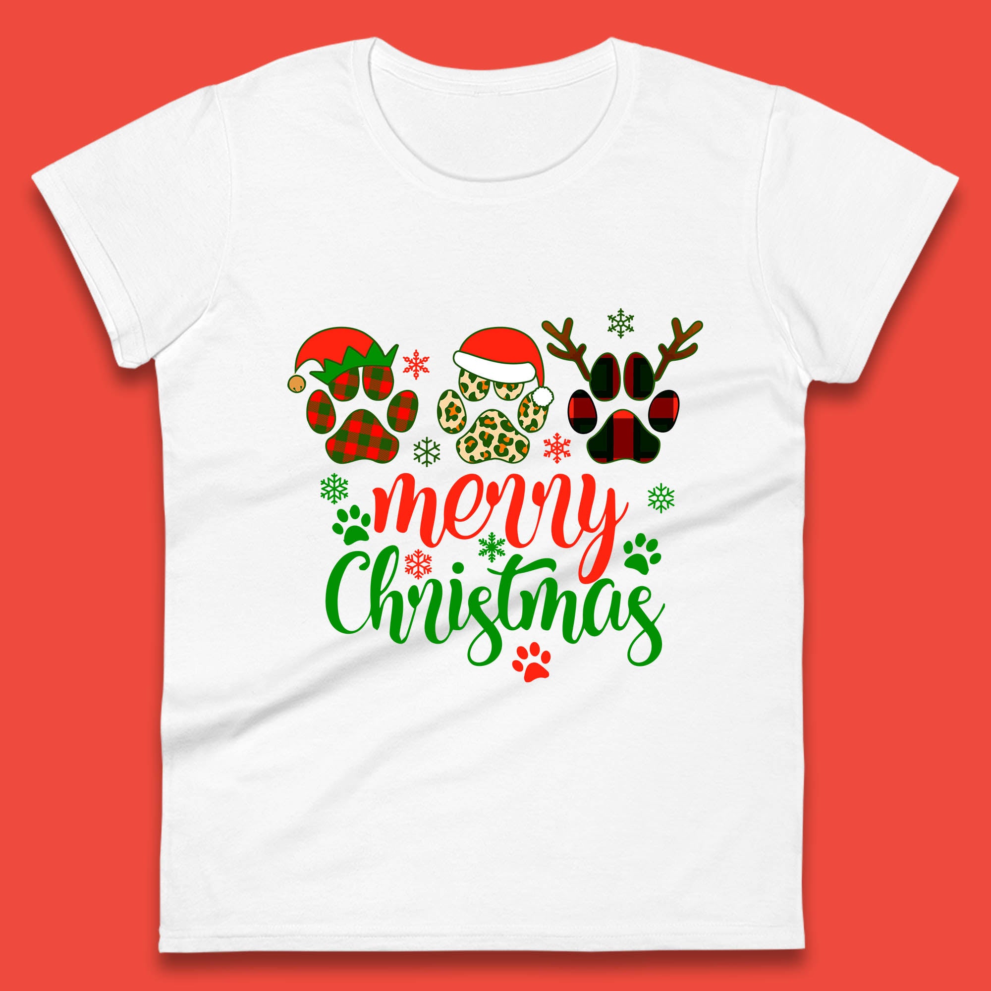 Merry Christmas Dog & Cat Paws Buffalo Plaid Womens T Shirt Mens Tops Tees Unisex XL
