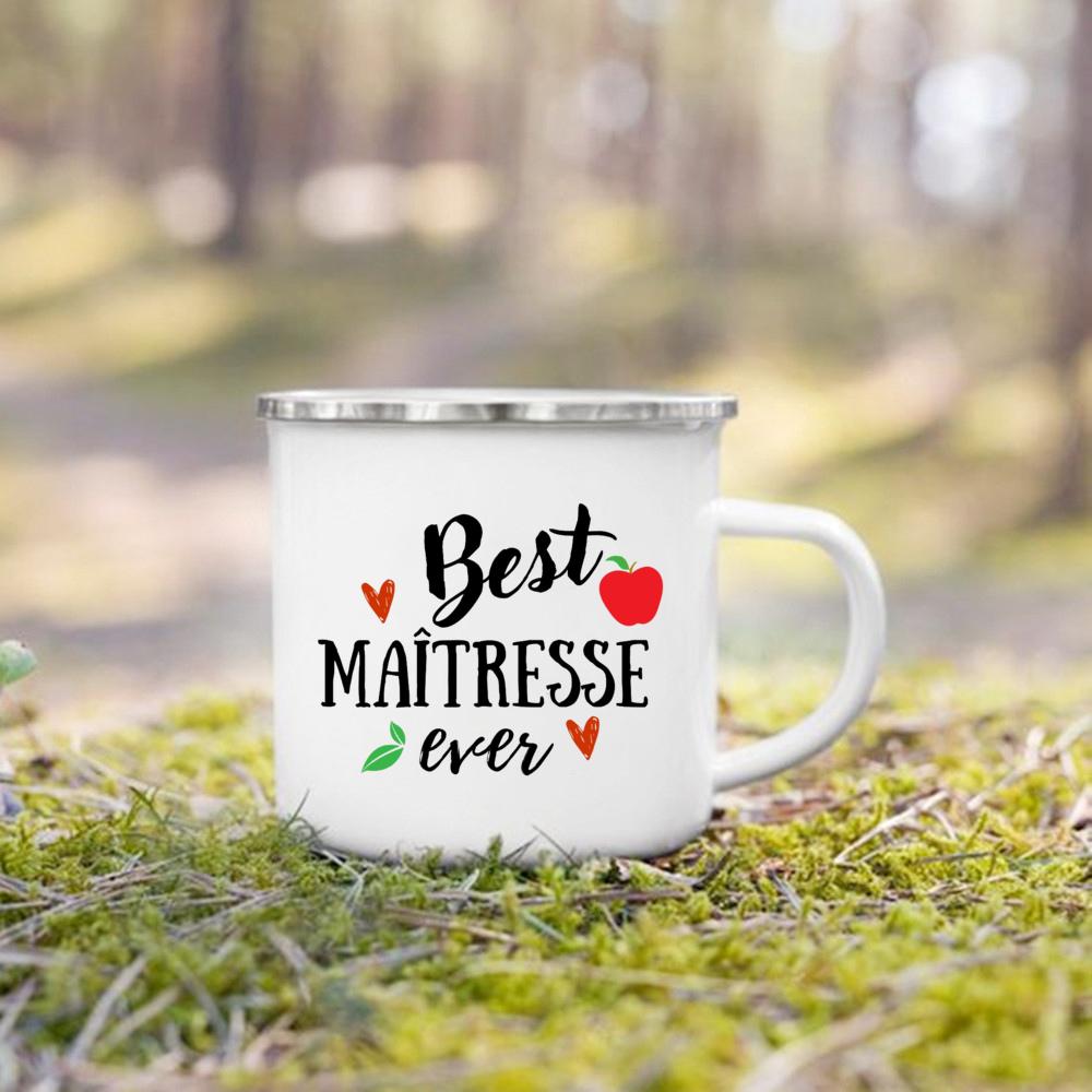 French Print Mugs Creative Coffee Cups Drinks Water Enamel Cup School Handle Drinkware Gifts for Maitresse/Maitre/Atsem/Aesh/Avs