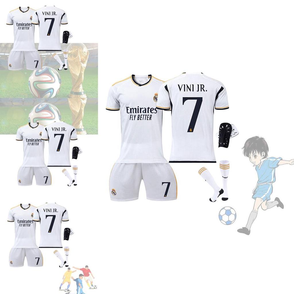 Real Madryt Domowy 7 Vini.jr Zestaw Koszulki Piłkarskiej Dla Dzieci i Dorosłych Tkanina Poliestrowa Koszulka Spodnie Skarpety i Sprzęt Ochronny w Zestawie