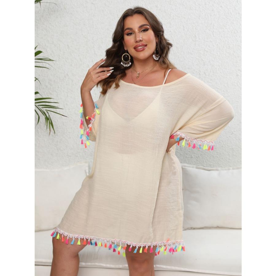 Vestido de mujer de gran tamaño, color blanco, negro, albaricoque, con borlas y retazos, cuello oblicuo, Sexy, sin espalda, atado, para playa, Bikini, vestidos