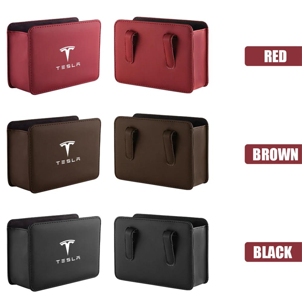 Autocollant de voiture Tesla Boîte de rangement de porte de voiture en cuir Sac poubelle sous le siège arrière Organisateur intérieur Pour Tesla Modèle 3 Modèle S Modèle X Co