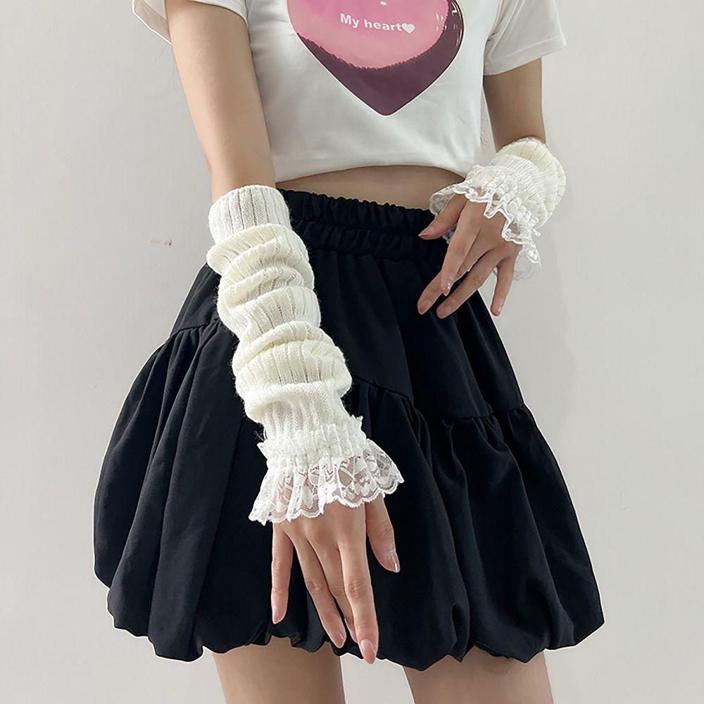 Arm Warmers Women Long Wrist Gloves Japanese Korean Style Long Knitted Elbow Mittens Lace Knitted Gloves Winter Warm