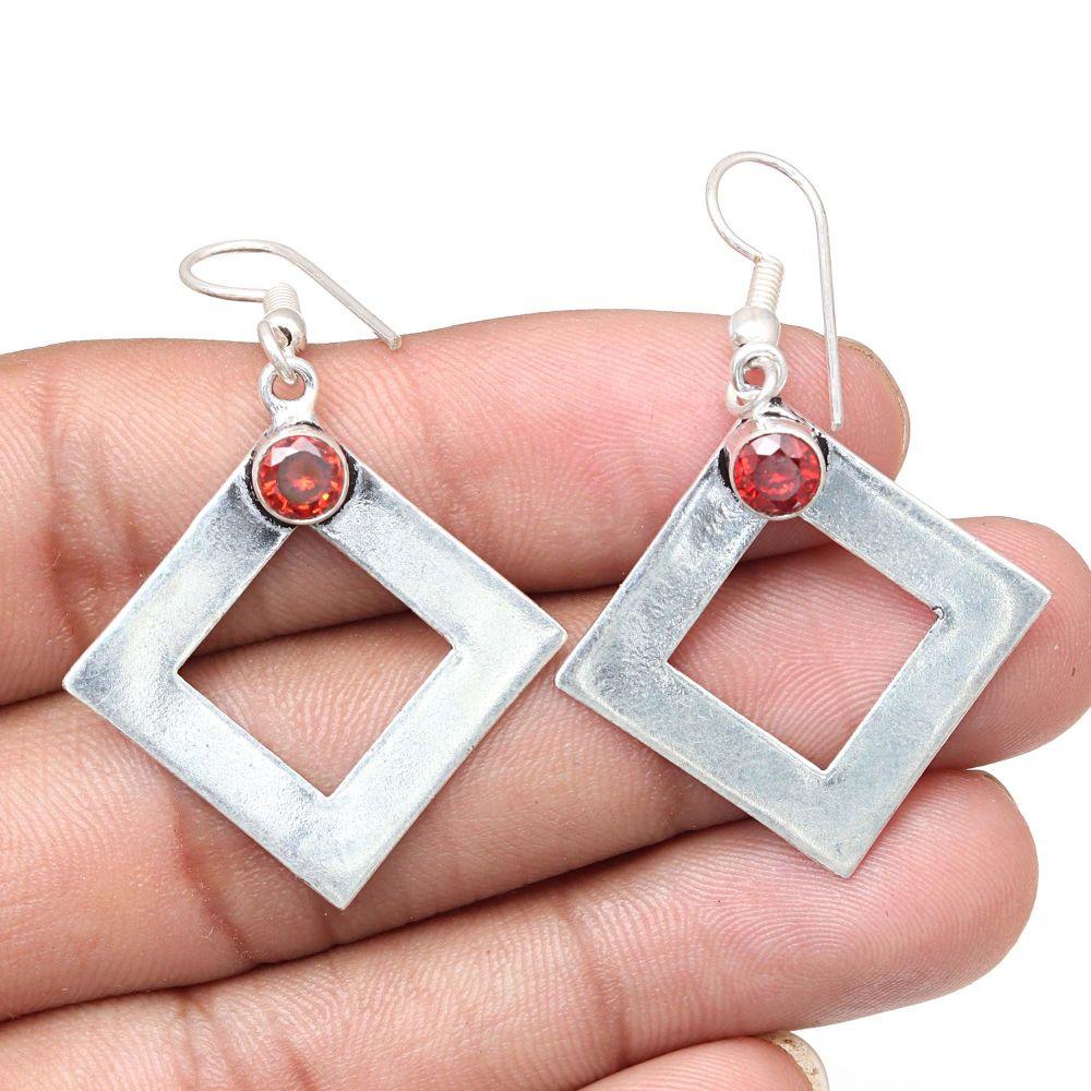 Mozambique Garnet Gemstone Handmade Silver Jewelry Earrings 1.5''