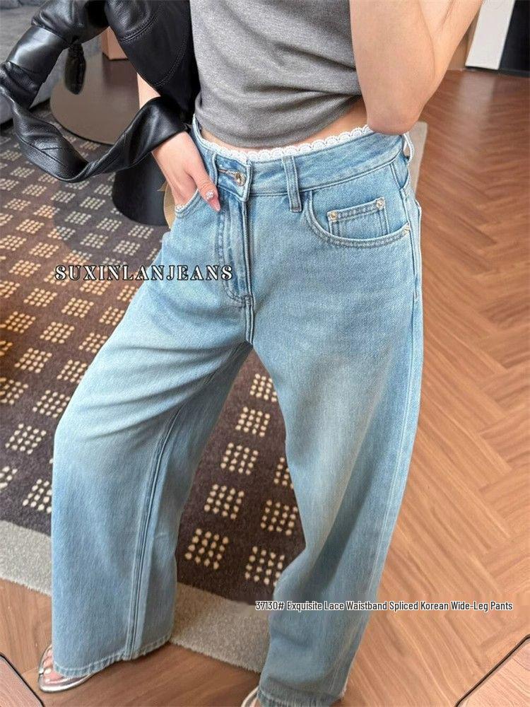 

Джинсы с высокой посадкой и широкими штанинами, отделанные кружевом – Светло-голубые, Весна, Свободный крой, Длина в пол Small светло-синий