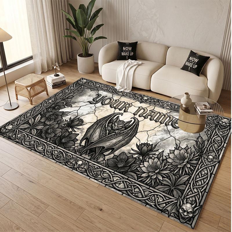 Totenkopf Gothic Thema Weicher Kristall-Samt Teppich Benutzerdefinierter Name & Text Druck Rutschfester Boden Teppich für Schlafzimmer Wohnzimmer