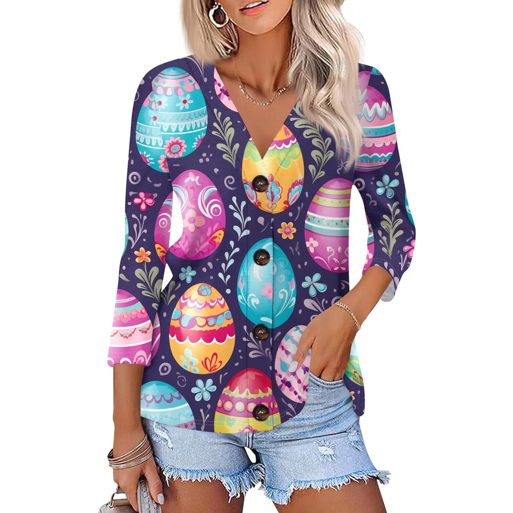 Women's Fashion Casual Print Button-down Shirt 3/4  Sleeve Tops