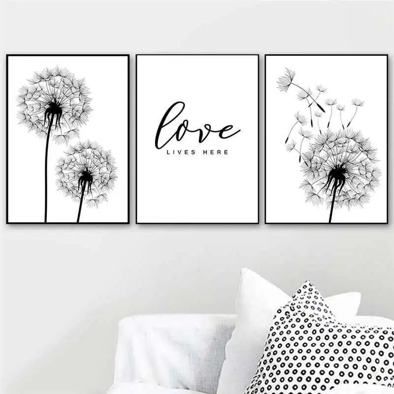 Black White Dandelion Blooming Flower Canvas Paintings Modern Minimalist Flower Plant Wall Art Poster Prints for Room Home Decor