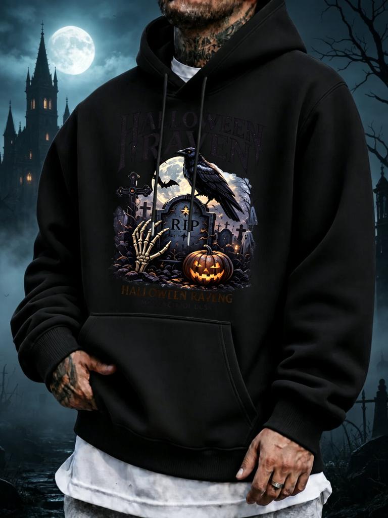 unisex Hoodie, Halloween, Raven Graveyard Pumpkin Graphic, Pullover Sweatshirt, Gothic Streetwear, Autumn Winter Outdoor, Long Sleeve with Kangaroo Po