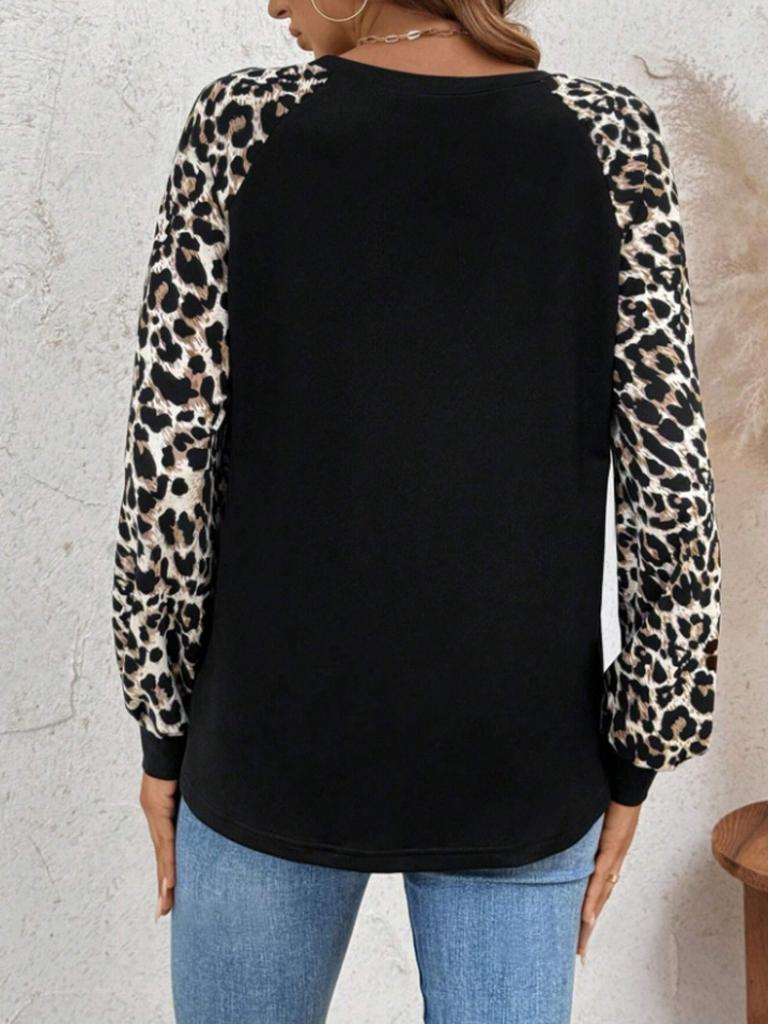 Ladies Casual Leopard Print Splice Long Sleeve Black T-Shirt Spring Autumn Fashion Animal Pattern Top for Women