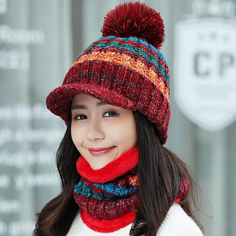 Fleece Knitted Cap Women's Autumn and Winter Fashion Mixed Color Scarf Hat Set Student Cold Cycling Wool Hat