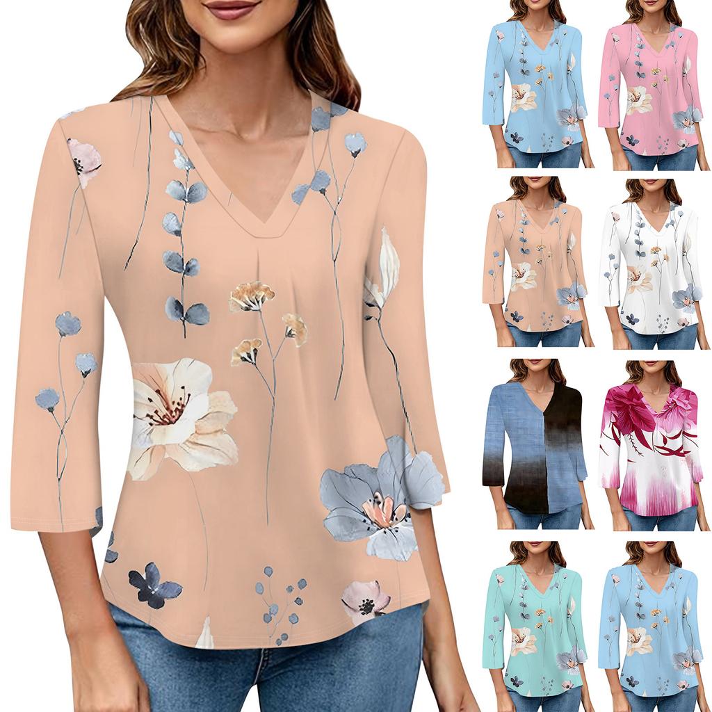 Women's V-neck Gradient Print Three-quarter Sleeve Fashion Top