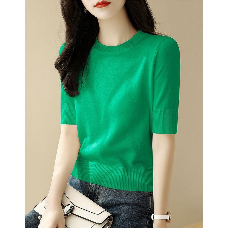 

Ice Silk round Neck Short Sleeve Cropped T-shirt Women s New Arrival 2025 Summer Tight Waist Classy Shoulder Knitting Bottoming Shirt Green 3XL