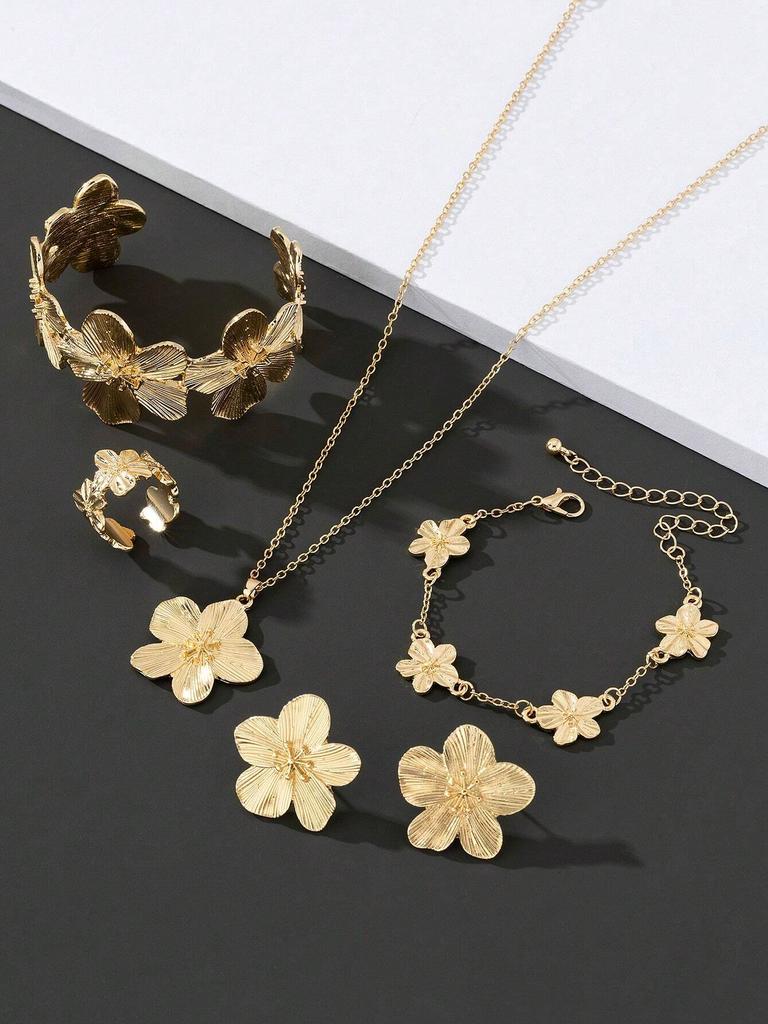 5/6PCS Women's W Jewelry Set Fashionable Casual Flower Necklace Bracelet Earrings Ring Set Suitable for Daily Wear and As Gifts