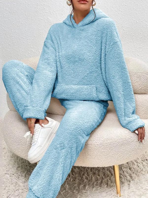 Autumn/Winter 2025 Women's Solid Plush Hooded Long Sleeve and Pants Set - European & American Style Casual Wear