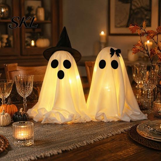 Saisonale Feiertagsdekoration Halloween Geist Dekoration, Leuchtend mit Hexenhut/Schleife, Dekoration Spukhaft Stehend für Veranda Hof Außenparty
