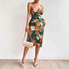 Summer Sexy European American Women Dress Side Slit Printed Mid Length Spaghetti Strap Dress Elegant Casual Fashion Dress