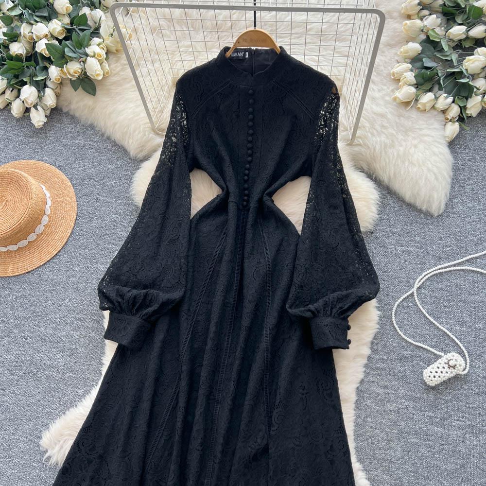 French Court Style Dress Women's Autumn High-end Single-breasted Waist and Thin Temperament Lace Long Dresses