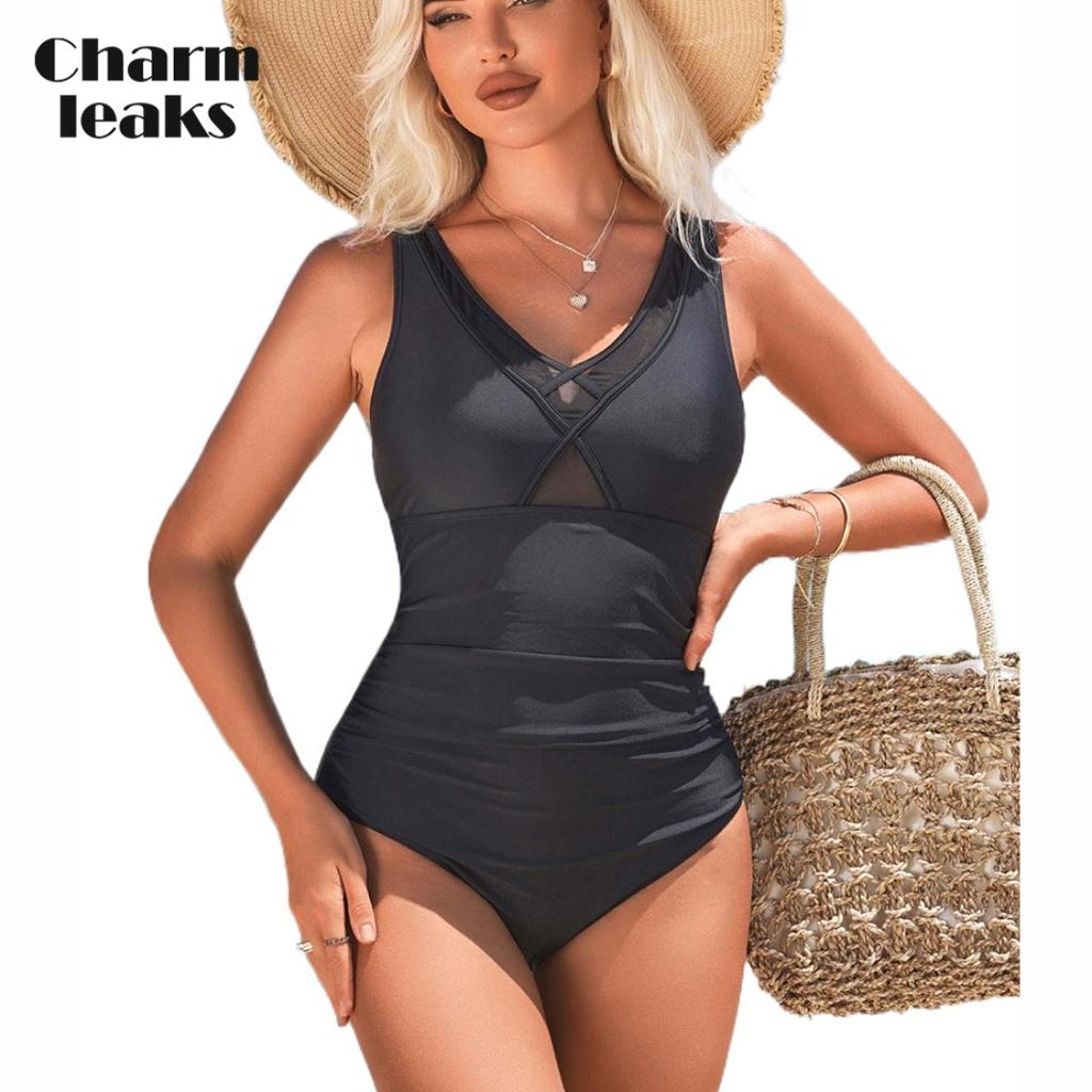 CHARMLEAKS One Piece Swimsuit Women Pectoral Cross V Collar Bathing Suit Sexy Monokini Swimwear S-XL