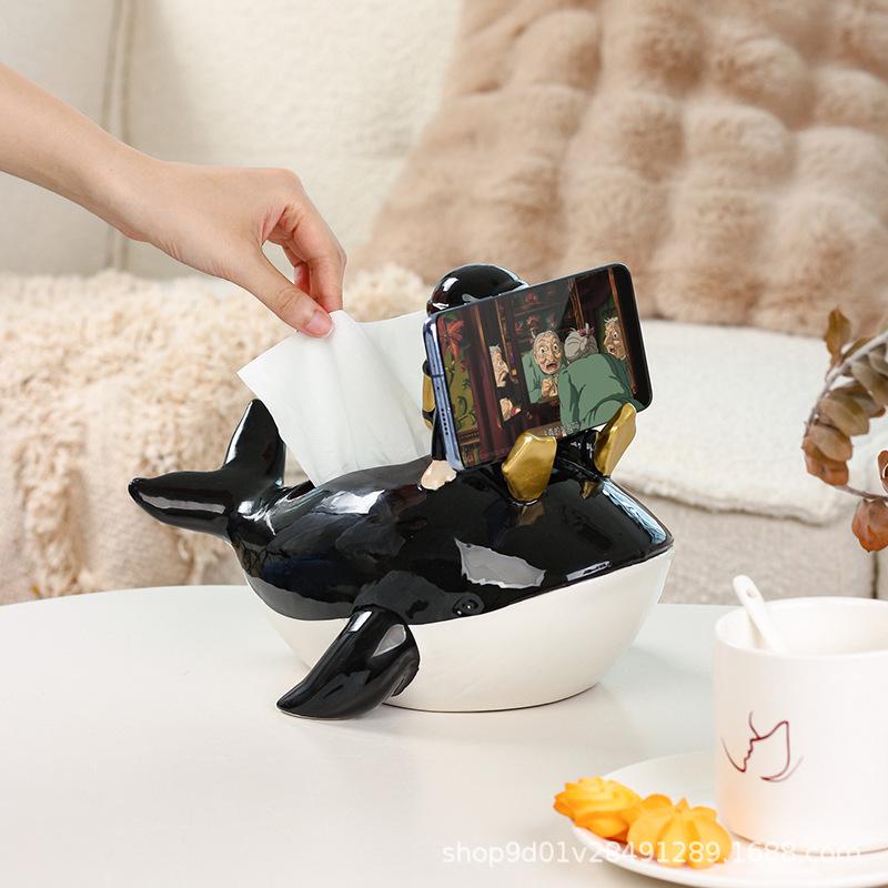 

Whale-Shaped Ceramic Tissue and Phone Holder - Cute Home & Living Room Accessory Black Orca Tissue Box