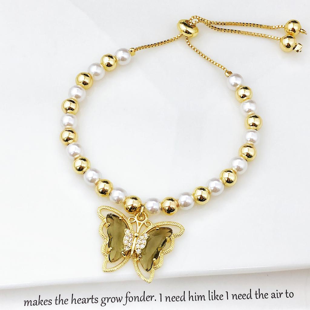 Luxury Butterfly Crystal Zircon Copper Bead Pearl Chain Bracelet Charming for Women Girls Daily Party Wrist Jewelry Wholesale