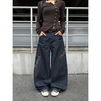 Retro Leopard Spliced Cargo Jeans Women Y2k Hip Hop Causal Baggy Pocket Korean Wide Leg Denim Pants Harajuku Chic Slacks