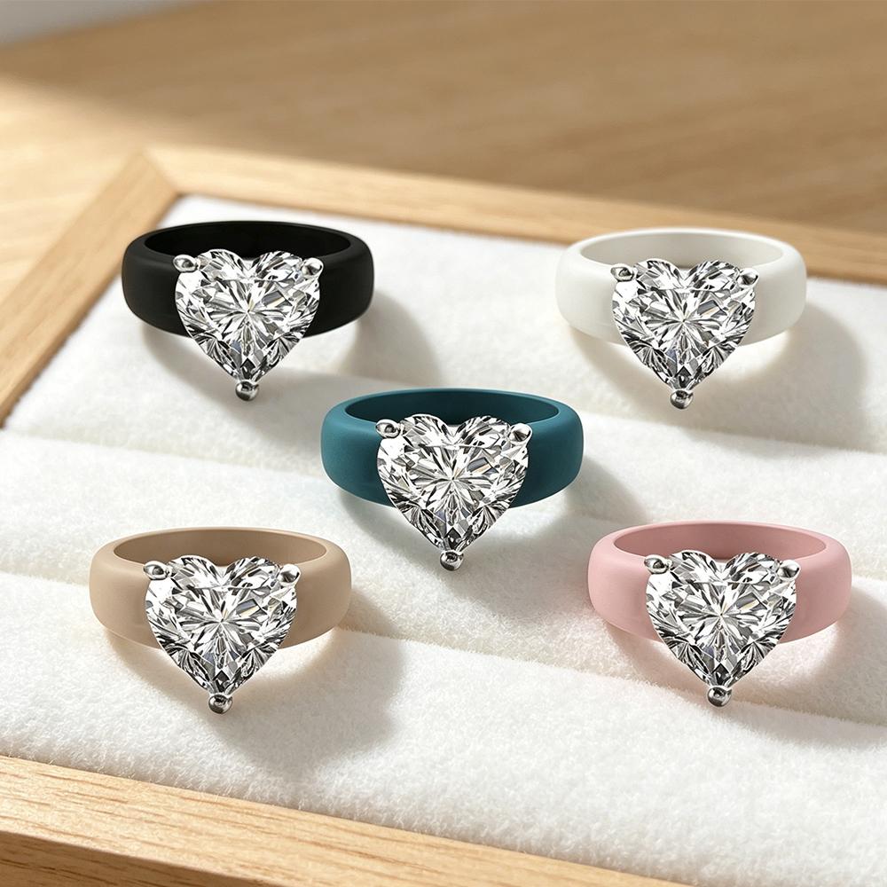 Silikonringhalter Copperthree-Kralle herzförmiger Zirkonia-Ring, minimalistischer schwerer Stil, Sport/Valentinstag/Teil