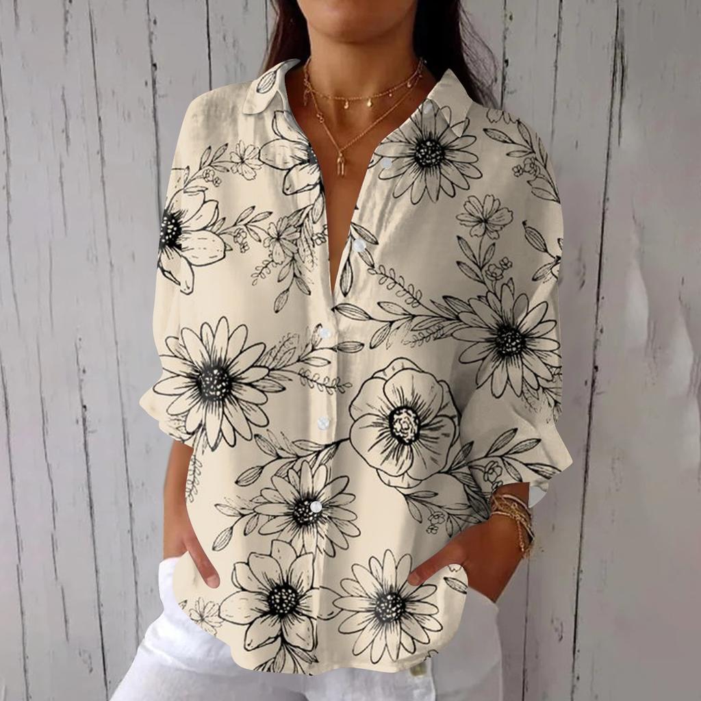 Women's Fashion Seven Sleeve Casual Lapel Back Tie Shirt Printed T-Shirt Top