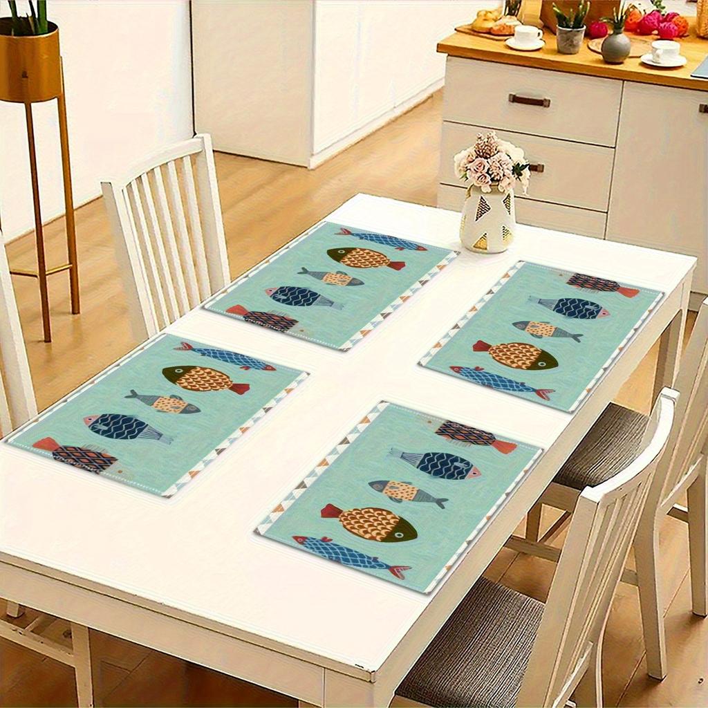 4pcs Linen Placemats Set, 12x18 Inches Multicolor Fish Pattern, Perfect for Kitchen & Dining Room Decor, Family Gatherings, Parties, and Home Table