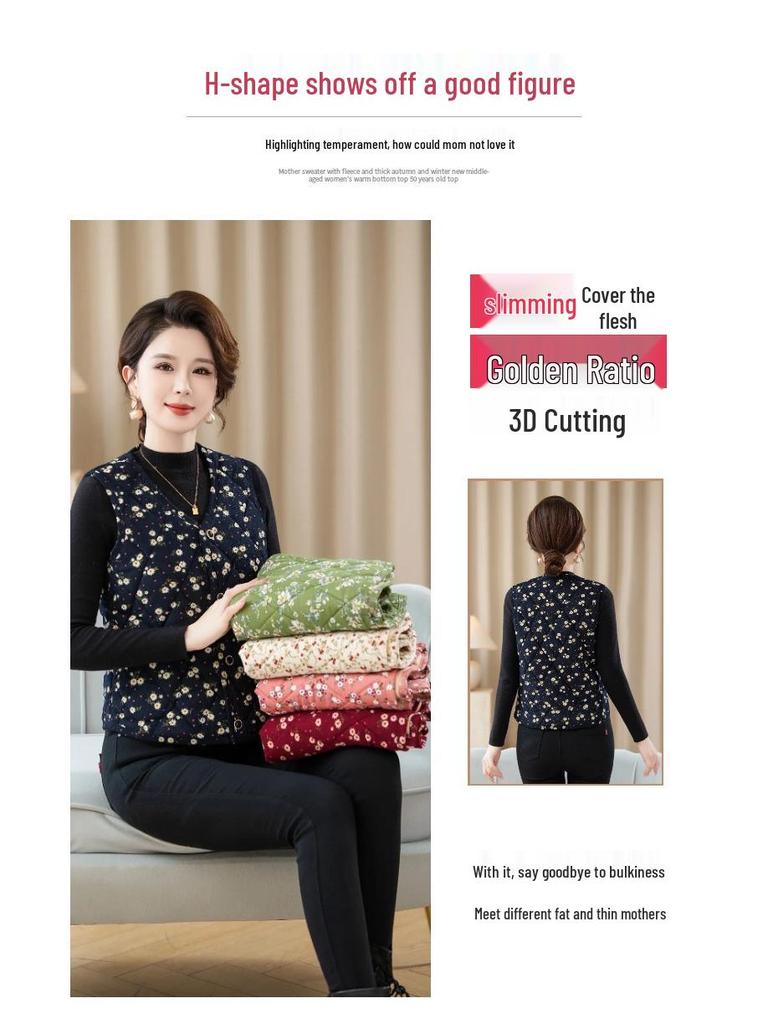 Women's Floral Vest for Autumn/Winter: Warm Cape, Inner/Outer Wear, Lightweight for Middle-Aged and Elderly Moms