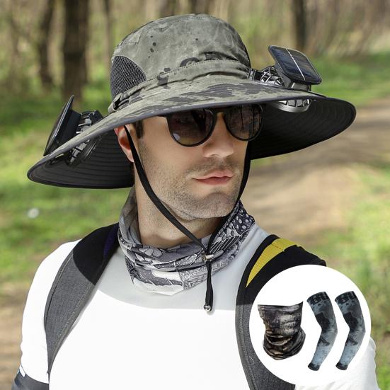 1 Set Solar Fan Hat with Arm Sleeves Neck Gaiter UV Protection USB Rechargeable Foldable Men Women Outdoor Fishing Hiking Cooling Fan Sun Hat