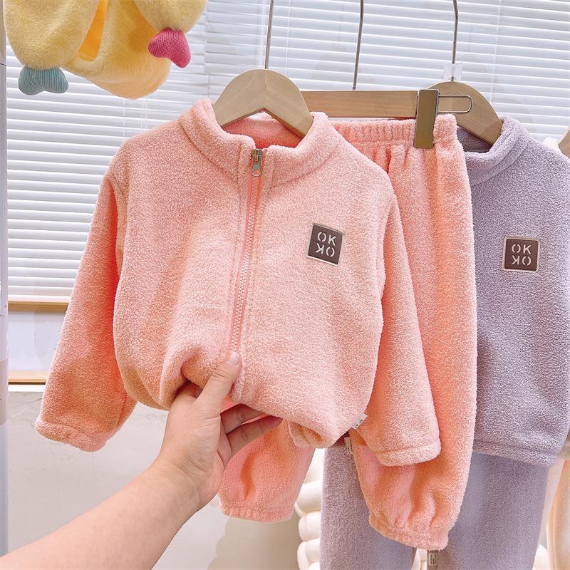 Plush Sets Children Autumn Winter Warm Fleece Suits Baby Thickened Cardigan Pants Outfits Boys Girls Homewear